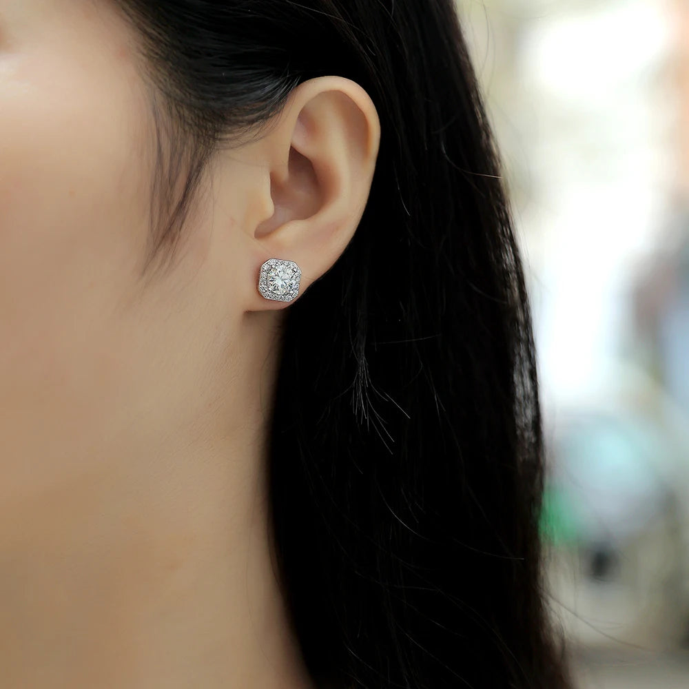 1 Carat Moissanite Earrings Octagon Halo Design 925 Sterling Silver 18K Gold Plated Gift Comes with GRA Certificate