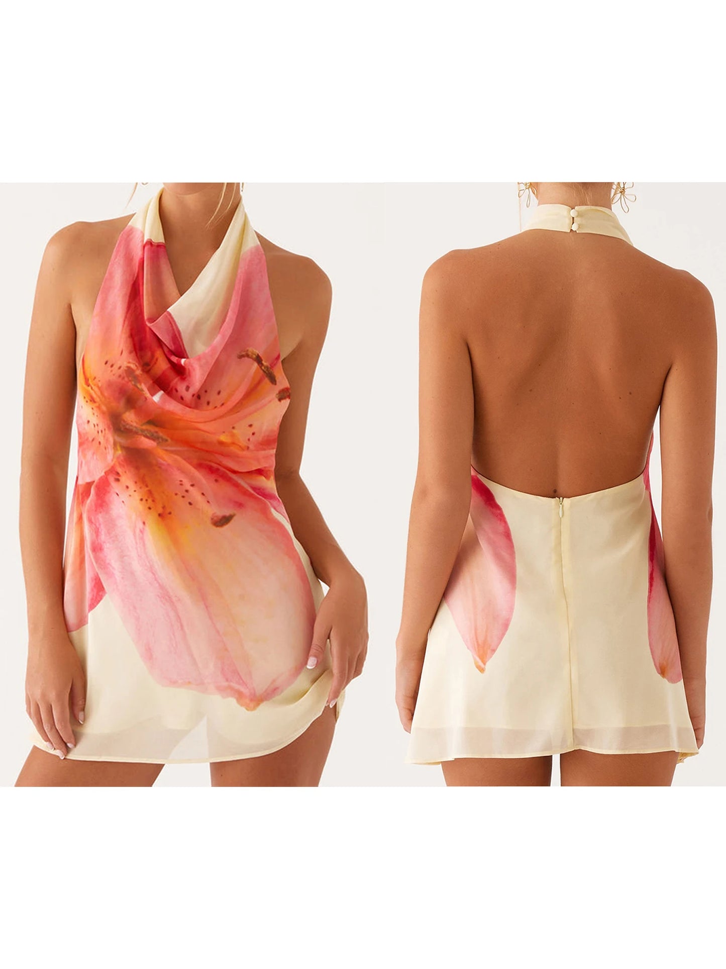 Elegant Floral Print Sleeveless Halter Neck Mini Dress for Women Perfect for Summer Parties Clubbing and Vacations