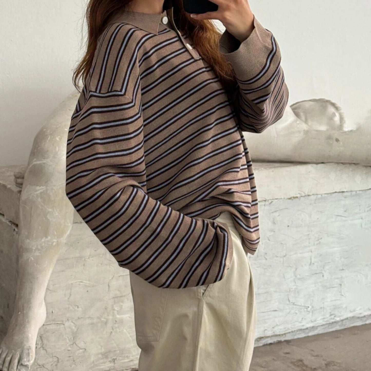 Women s Striped Collared Sweater with Loose Fit and Long Sleeves - Stylish Pullover Knit Top for Casual Winter and Fall Fashion