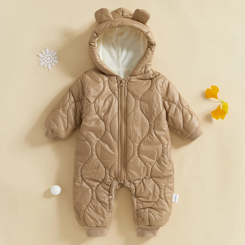 Infant Toddler Unisex Snowsuit Cozy Hooded Jumpsuit Winter Outerwear Puffer Coat with Zipper Closure and Long Sleeves