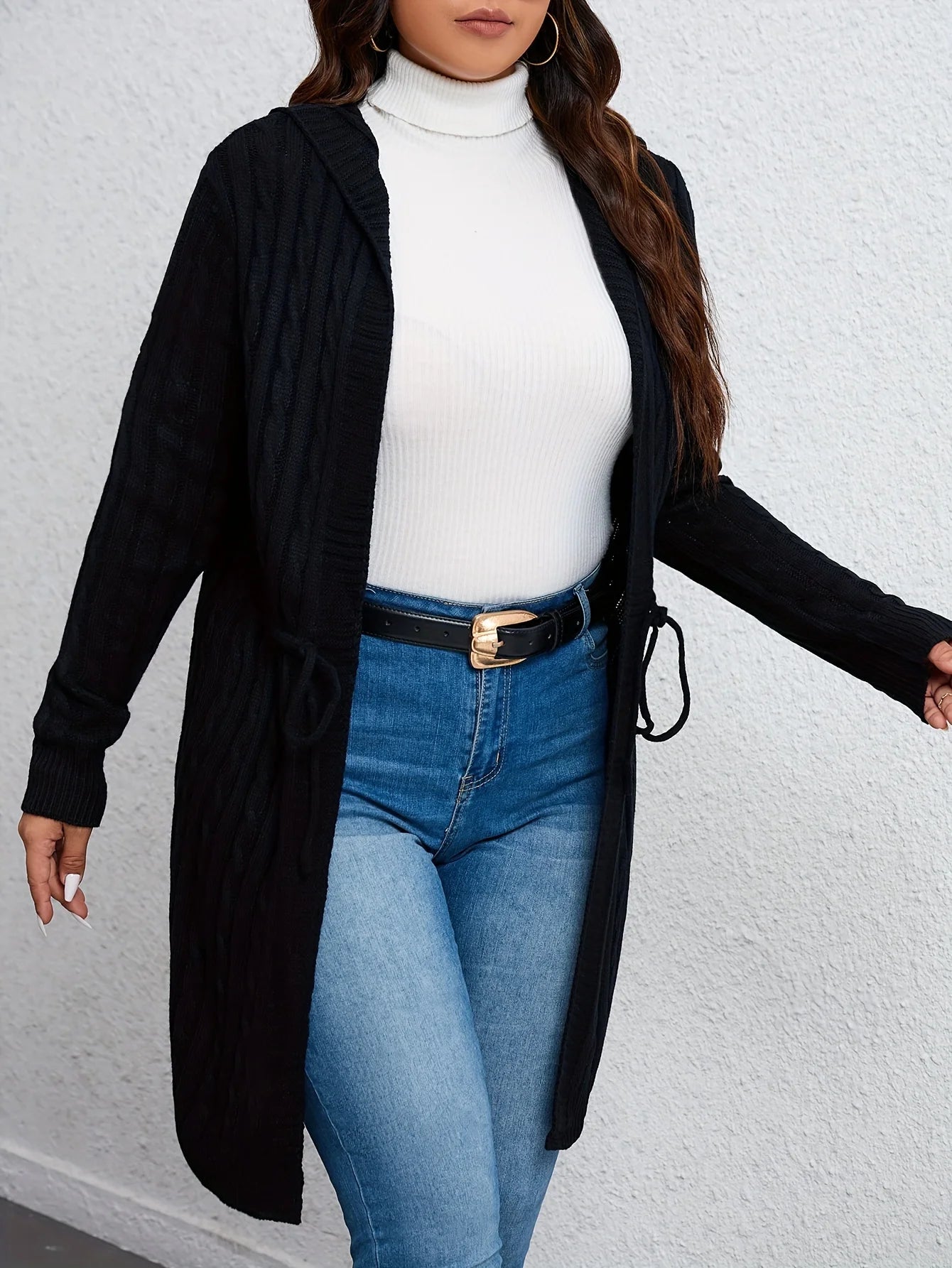Plus Size 1XL-5XL Women's Versatile Solid Color Cardigan Top Fashionable Drawstring Knit Hooded Cardigan Casual Loose Cardigan