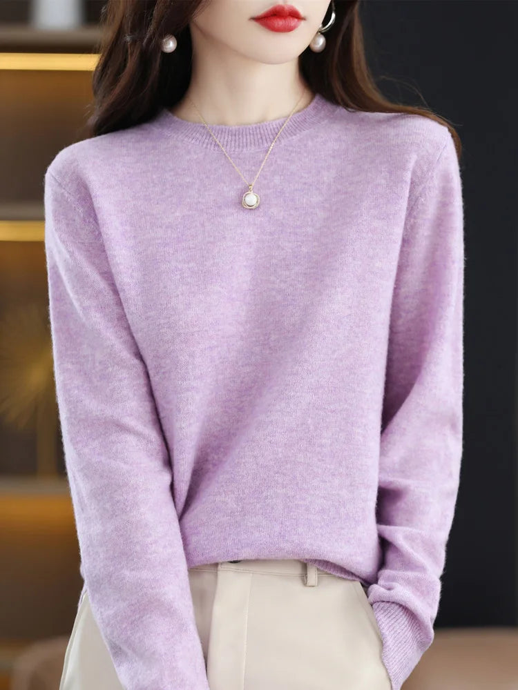 Fashion 100% Merino Wool Women's Sweater O-Neck Long Sleeve Pullover Spring Autumn Winter Basic Jumper Clothing Knitwear Tops