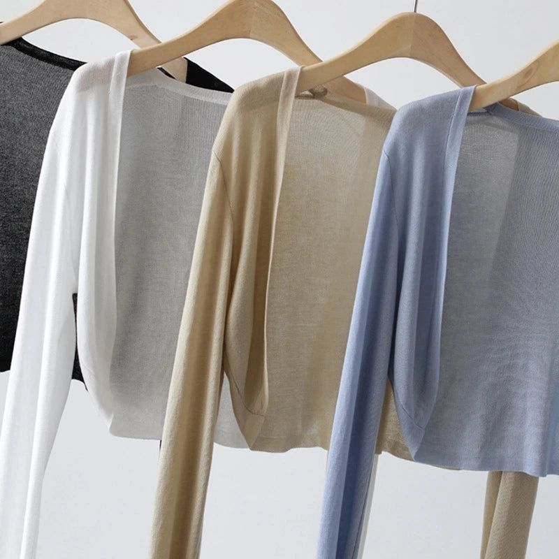 Short Ice Silk Knitted Sun Protection Cardigan Women's Thin Summer Suspender Skirt Layered Gauze Jacket Air-conditioned Cover Up