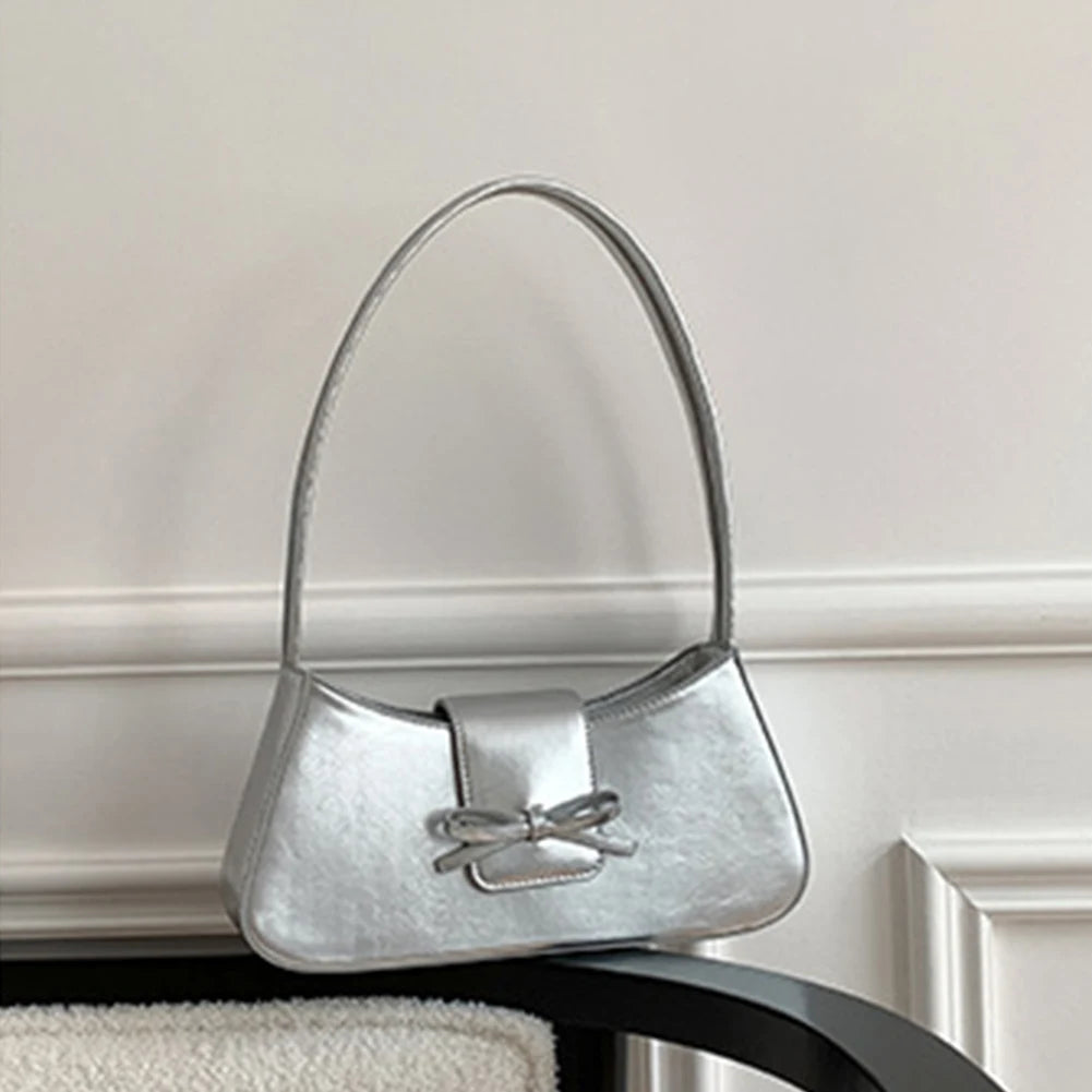Sweet Bow Shoulder Bag PU Leather Everyday Purse with Zipper Closure Clutch Purse Retro Trendy Underarm Bag for Women and Girls