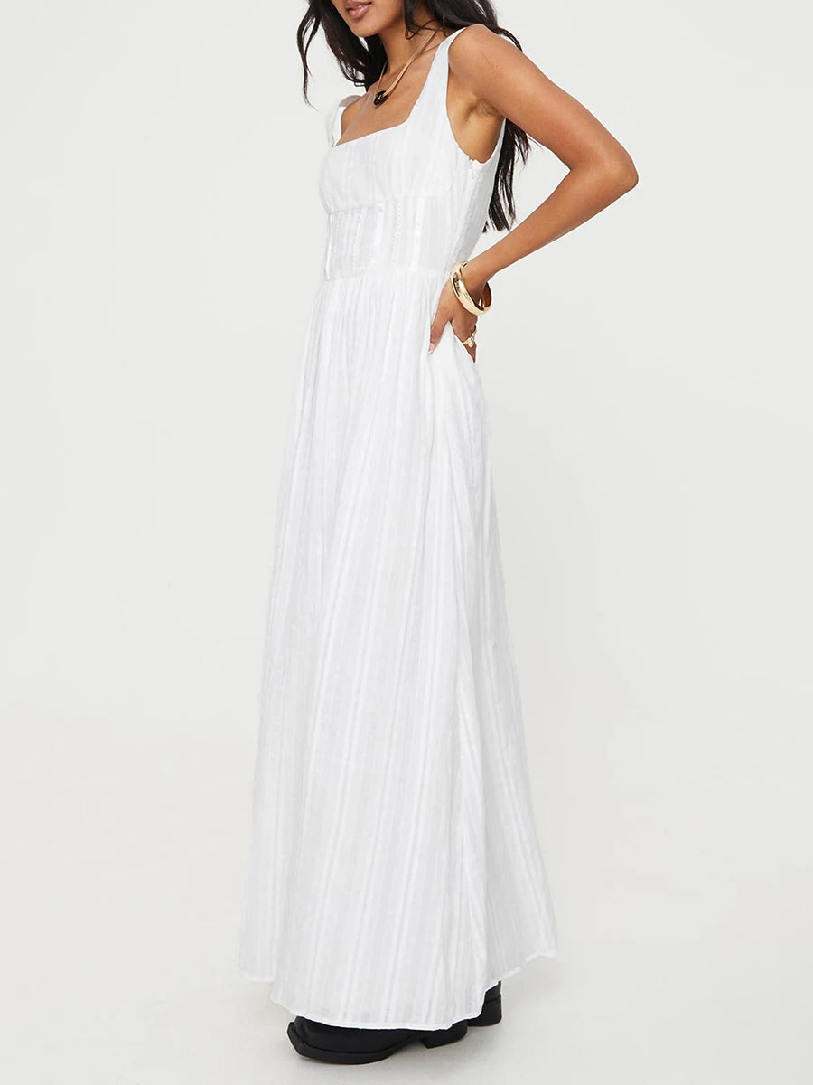 Women’s Sleeveless Long Dress Square Neck Smock Waist Side Zipper Evening Dress for Summer