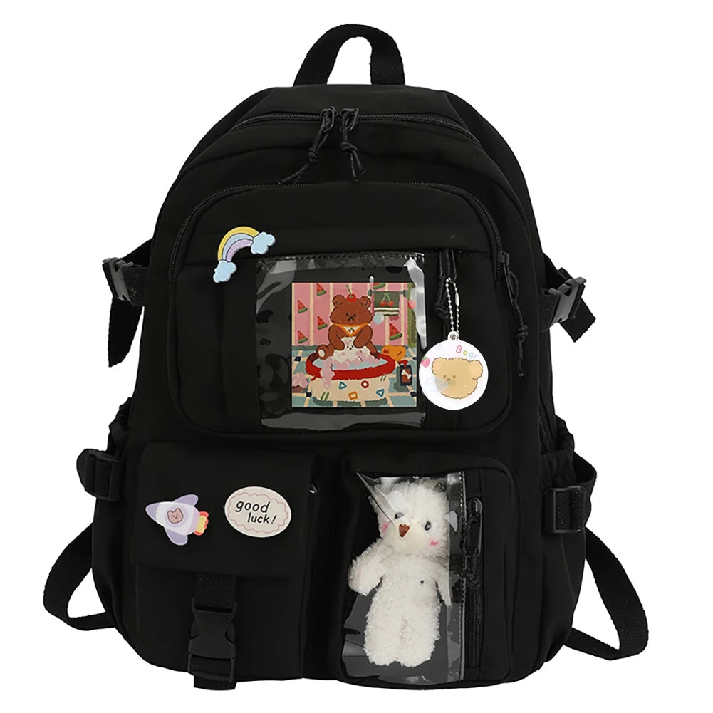 Laptop Backpack Fashion College Student Rucksack with Plush Pendant Pin Cute Kawaii Large Capacity Japanese Style for Teen Girls