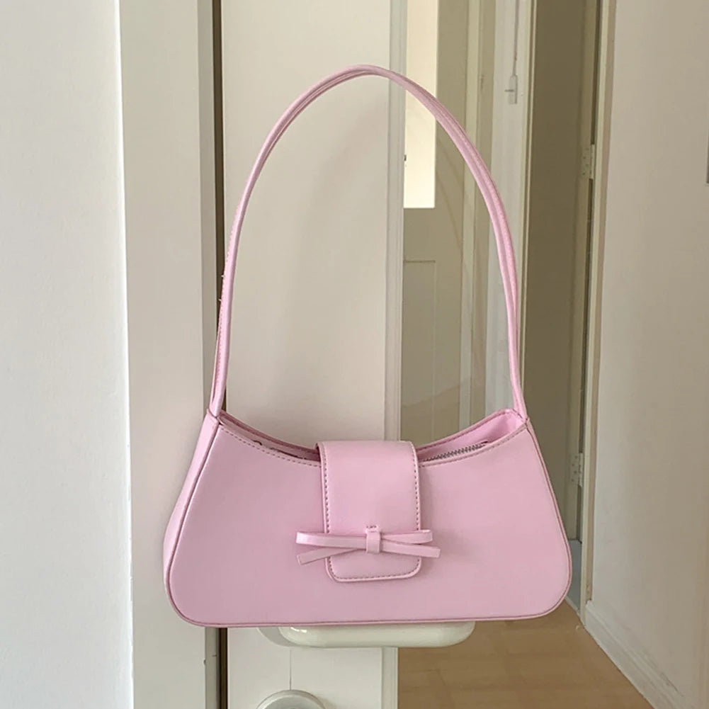 Sweet Bow Fashion Handbag PU Leather Everyday Purse with Zipper Closure Clutch Purse Trendy Underarm Bag for Women and Girls