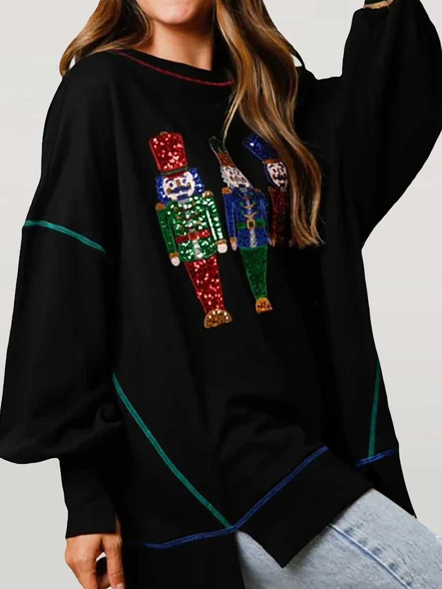 Women s Loose Sweatshirt Sequins Cartoon Person Crew Neck Long Sleeve Pullovers Fall Winter Casual Tops Shirts