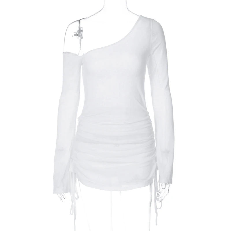 Women Off-Shoulder Dress for Beach Cocktail Club See Through Sheer Drawstring Ruched Long Sleeve Party Mini Dress Streetwear