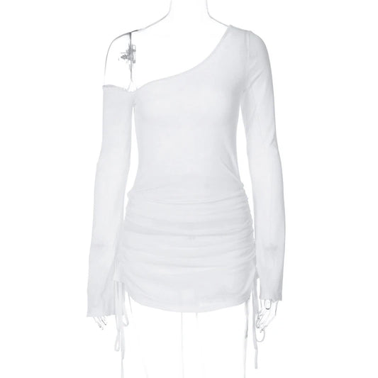 Women Off-Shoulder Dress for Beach Cocktail Club See Through Sheer Drawstring Ruched Long Sleeve Party Mini Dress Streetwear