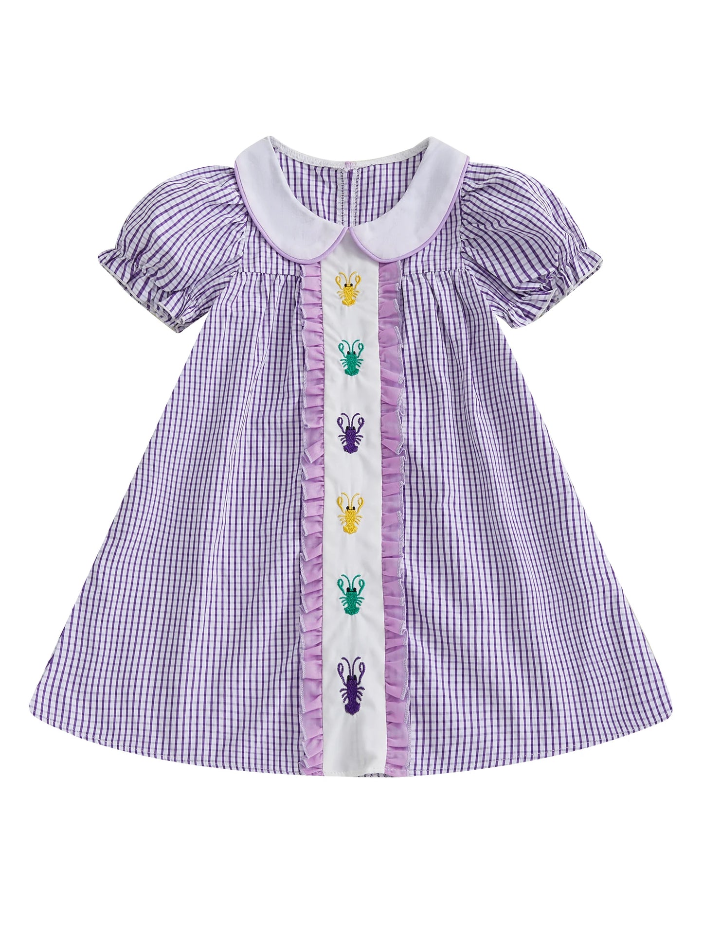 Adorable Toddler Girl Dress with Cute Short Sleeves and Doll Collar Featuring Lobster Embroidery on Plaid Pattern - Perfect