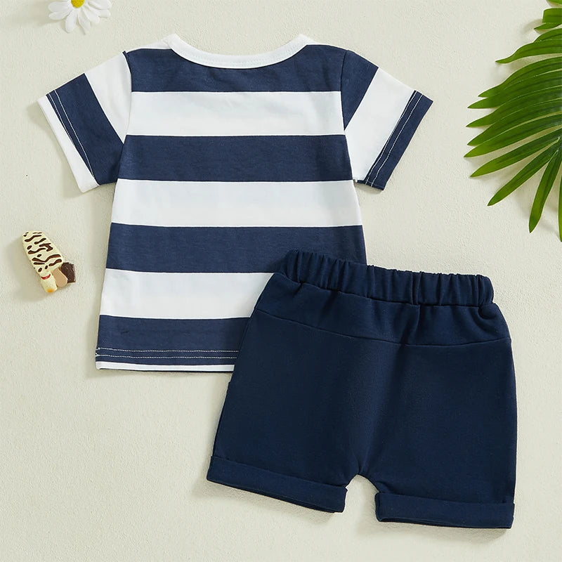 Boys Summer Outfit Set Short Sleeve Striped Tee and Solid Color Shorts Set with O Neck Design for a Stylish Look