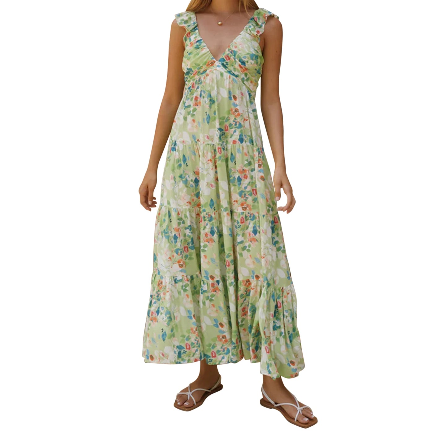 Elegant Sleeveless Maxi Dress with Boho Floral Print and Ruffled Hemline Perfect for Summer Beach Parties and Events