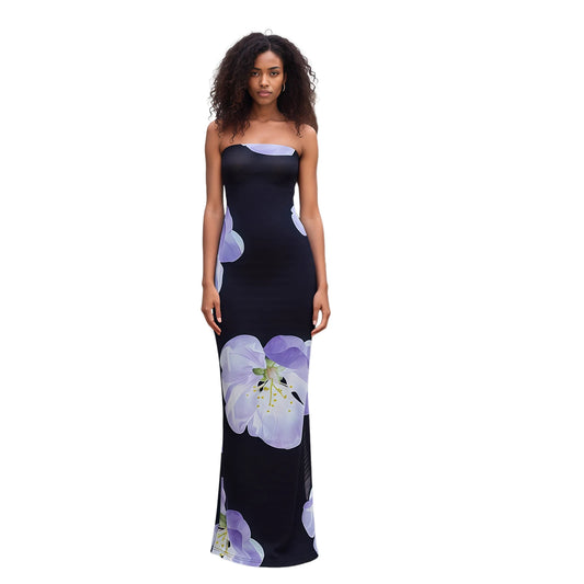 Women s Off Shoulder Maxi Dress Sleeveless Boho Floral Print  Fit Bandeau Dress Summer Beach Party Dress Midi Length