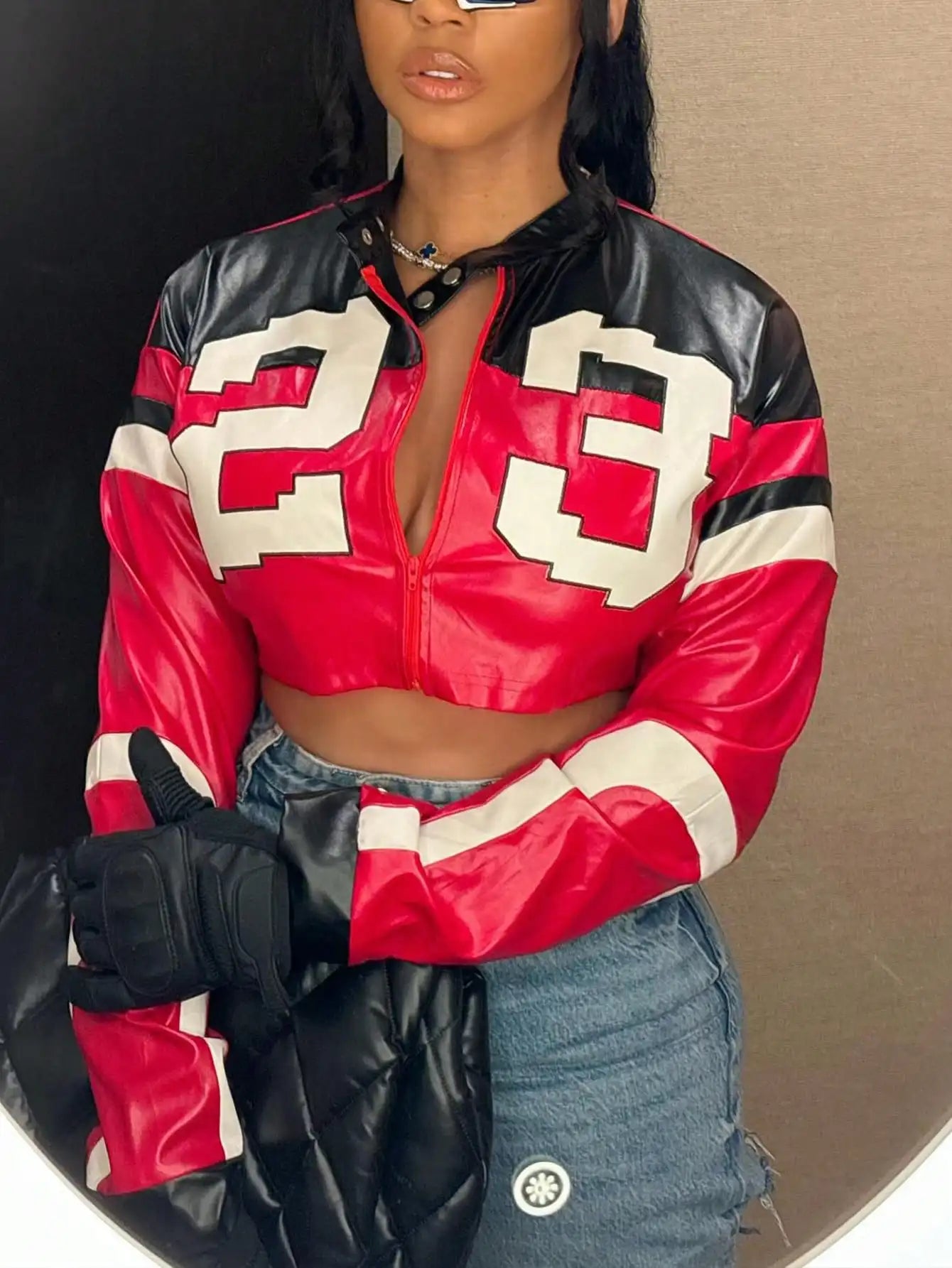 Women's Red Faux Leather Zipper Bomber Jacket - Short Casual Coat for Christmas/New Year Party Outfits