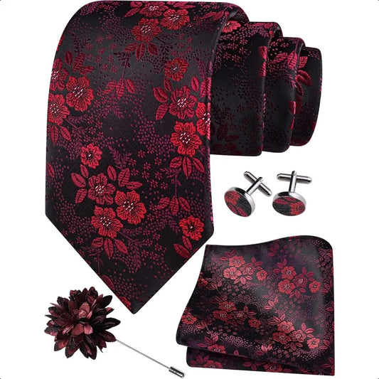 GUSLESON 3.15" 8cm Mens Floral Tie and Lapel Pin Necktie Hankerchief Cufflinks Set for Men