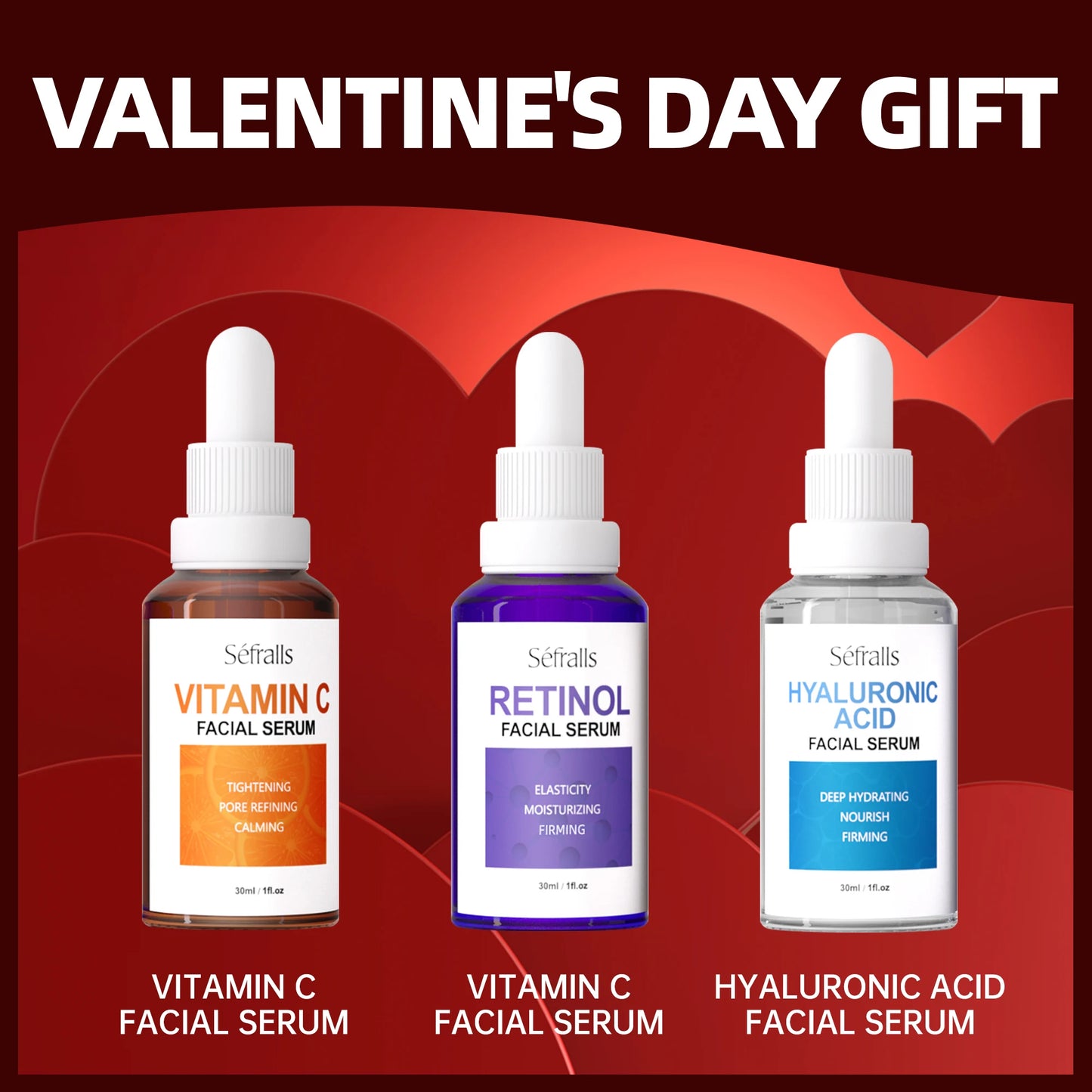 Séfralls Hyaluronic Acid VC Serum with Vitamin C and A. It offers firming effect, hydrates, whitens, shrinks pores, is anti