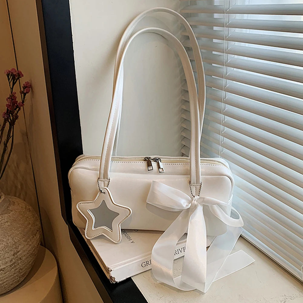Women Bow Shoulder Bag with Star Pendant Fashion Shoulder Purse PU Leather Bow Underarm Handbag Girls Outdoor Daily Bag