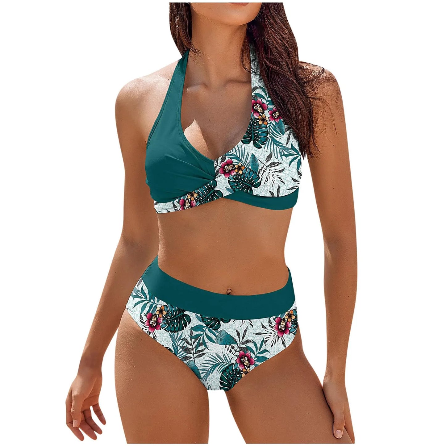 bikini Beach Colour Block Floral Printed Women's Swimsuit High Waist Two Piece For Teenagers biquinis feminino tendência 2024