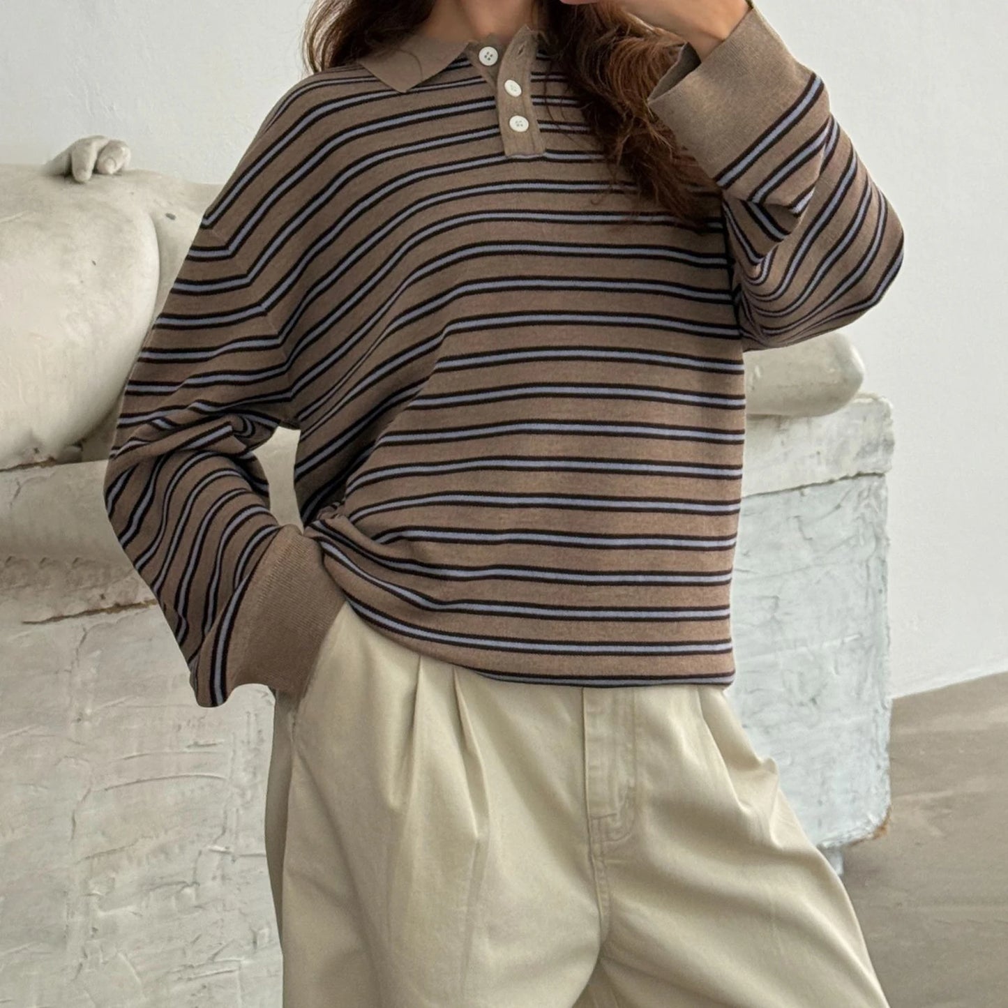 Women s Striped Collared Sweater with Loose Fit and Long Sleeves - Stylish Pullover Knit Top for Casual Winter and Fall Fashion