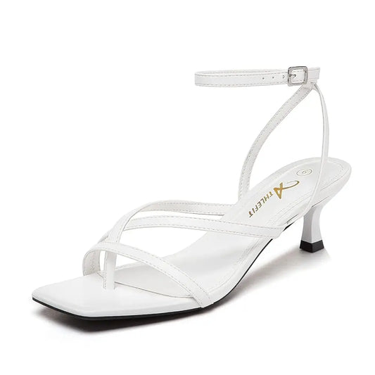 Women's Strappy Kitten Heels Square Toe Flip Flops Low Heels Ankle Strap Party Dress Thong Heeled Sandals