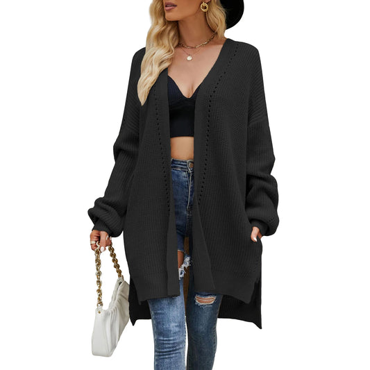 Women s Autumn Winter Knit Cardigan Long Sleeve Open Front Split Hem Knitwear Sweater
