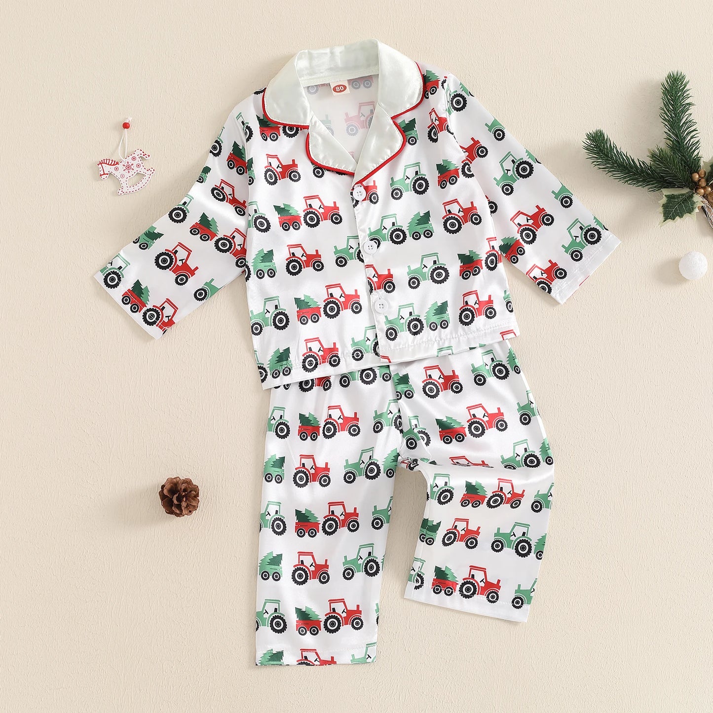 Toddler Boy Satin Pajama Set Tractor Print Long Sleeve Button Down Tops Elastic Waist Pants 2 Piece Set for Fall