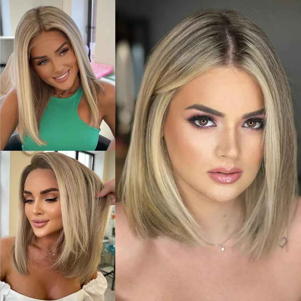 Ombre Ash Blonde Wig Human Hair 13x4 Lace Front Wig Human Hair Highlight Short Bob Wig HD Transparent Lace Front Human Hair Wigs