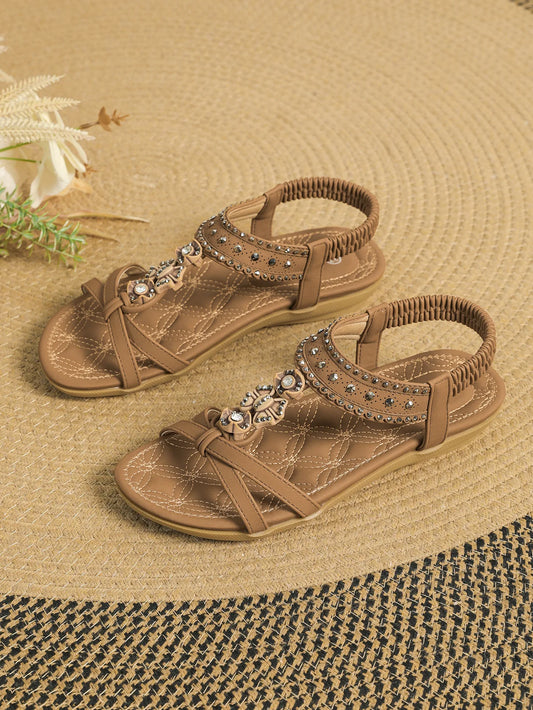 Women'S Sandals Bohemian Style Flat Shoes Suitable For Outdoor Beach Shoe Diamond-Studded Casual Fashion With Skirt Black White