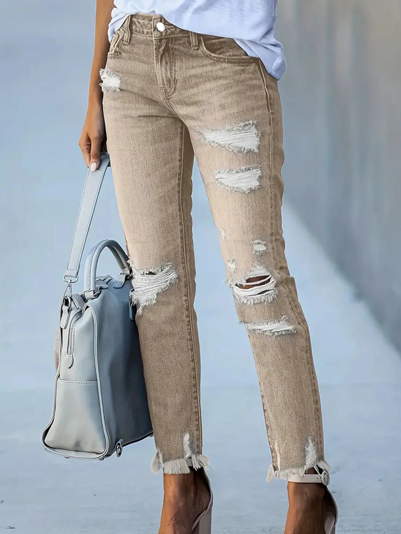 Women's Retro Elastic Distressed Distressed Washed Slim Fit Denim Cropped Pants, Street Style, Suitable for Daily Wear