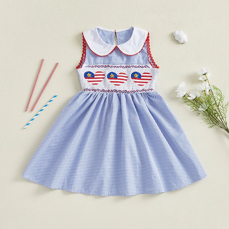 Independence Day Sleeveless Dress with Ruffle Collar and Star Embroidery for Girls Patriotic A-Line Dress Kids Summer Outfit