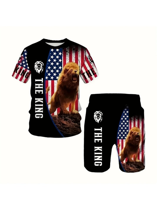 Men's trendy round neck short-sleeved shorts two-piece suit, 3D digital printing high-definition pattern, summer leisure and com