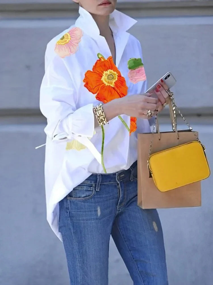 Korean Fashion Floral Printed Lapel Blouse For Women 2025 New Autumn Flared Sleeves Buttoned Urban Casual Shirts Tops