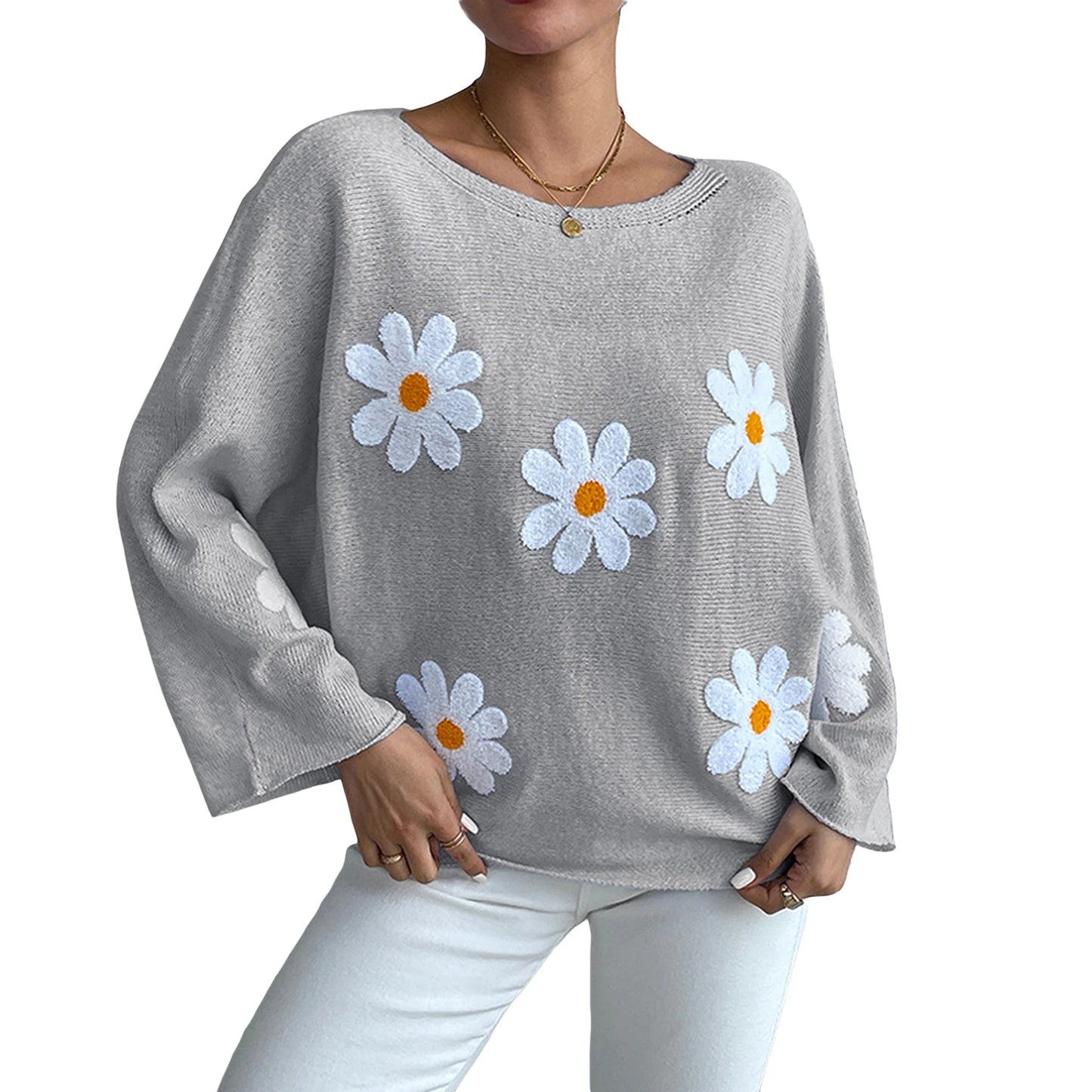 Women Loose Knit Sweater Sweet Flower Embroidered Long Sleeve Boat Neck Pullovers Spring Fall Casual Jumpers Tops