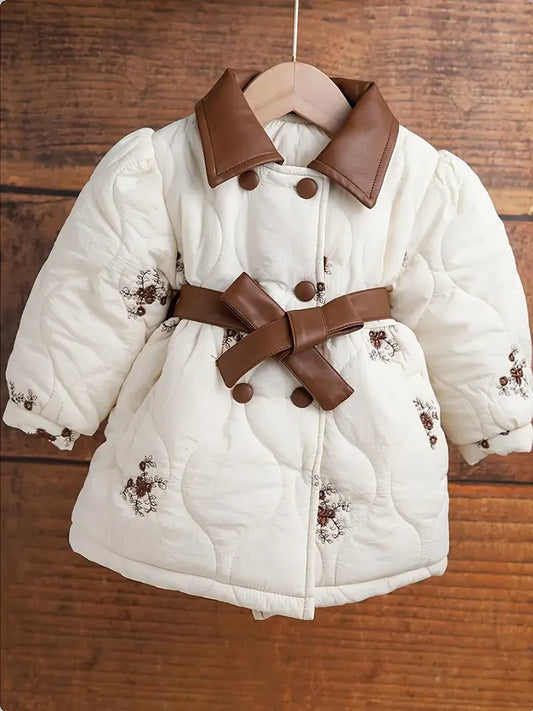 2024 New Fashion Winter Jacket Girl Long Coats PU Collar Belt Cotton Padded Velvet Warm Outerwear Clothes For Children Kids 2-6Y