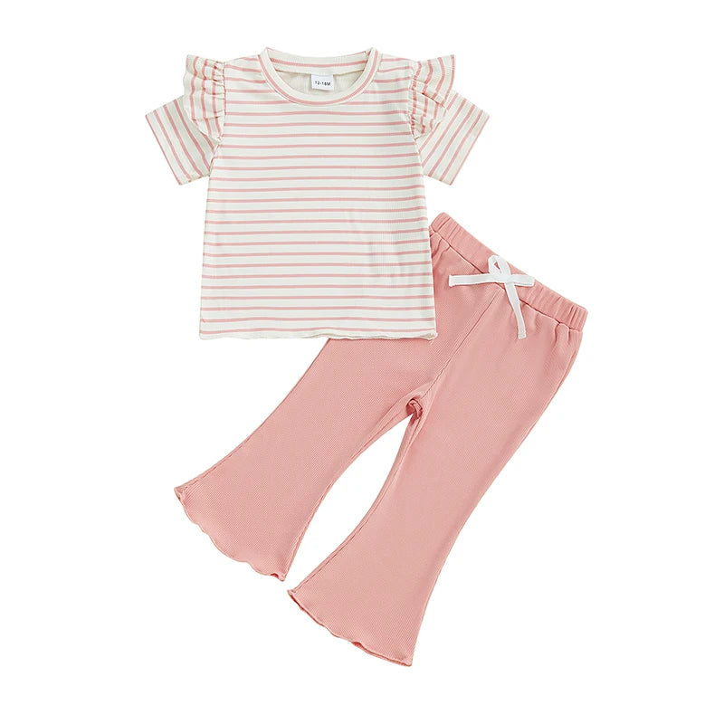 Girls Summer Outfits Lettuce Trim Striped Print Ruffles Short Sleeves T-Shirt with Elastic Flare Pants - Adorable Matching