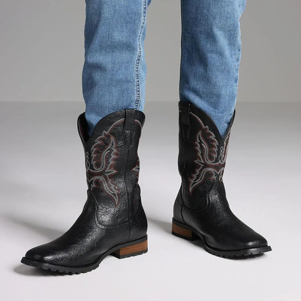 DoraTasia Plus size 12.5 New Fashion Retro Square Toe Neutral Cowboy Boots Luxury Embroidered Concise Pull-on Western Boots