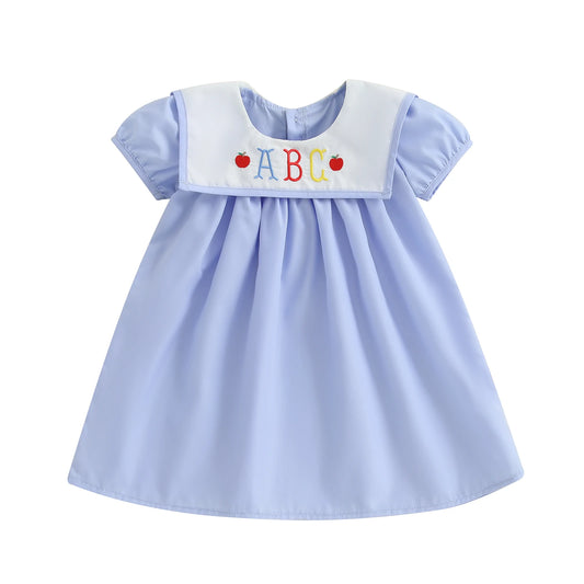 Girls Summer Dress with Floral Embroidery and Ruffle Sleeves Cute Back to School Dress for Toddler Girls Casual Dress for Kids