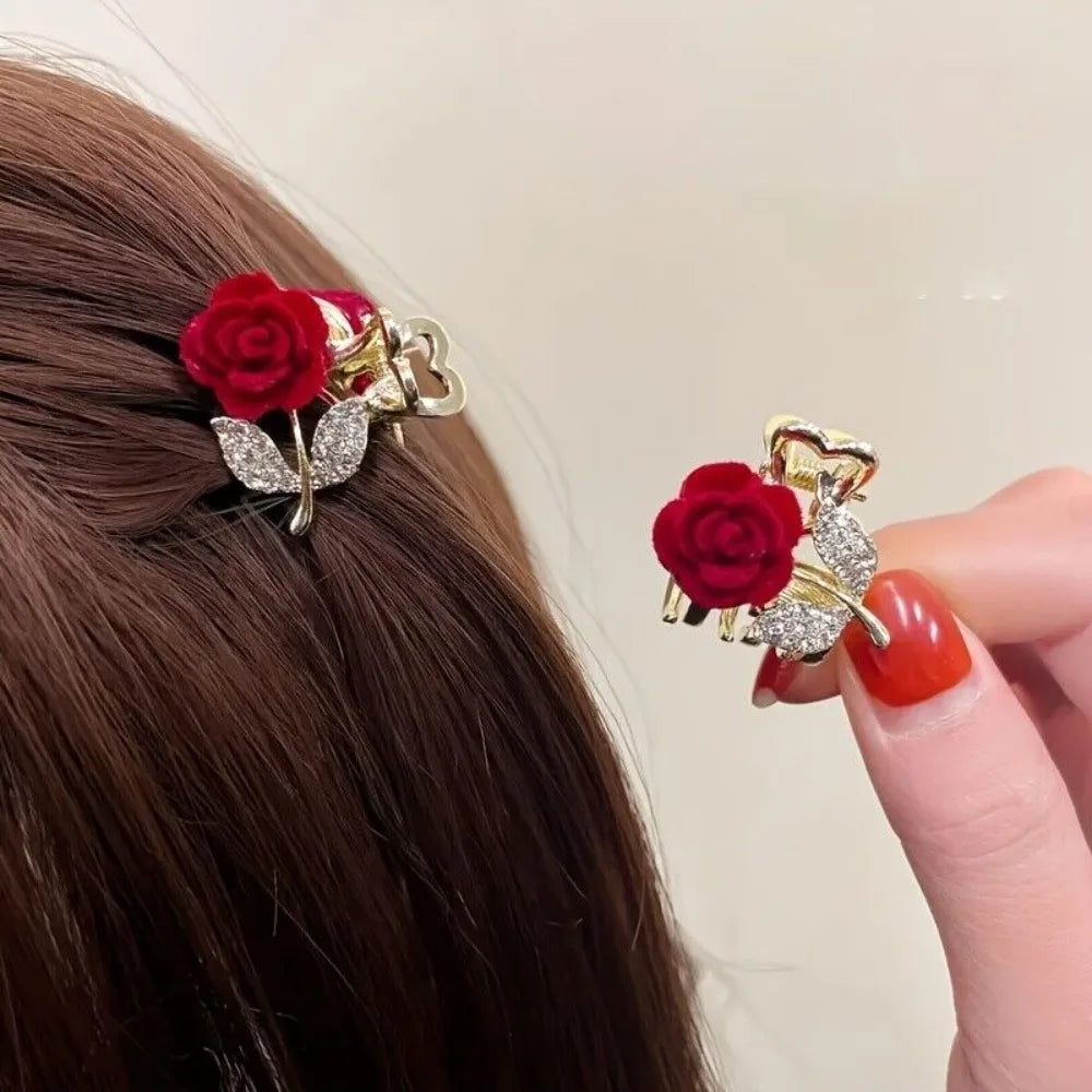 Mini Rhinestone Hair Claws Clip Velvet Rose Hair Clip Hair Clamp Clip Rose Hair Barrettes, Wine Red