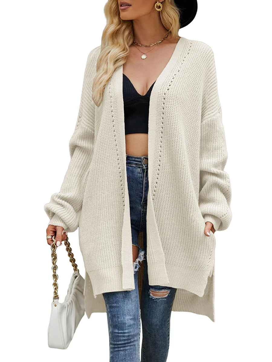 Women s Autumn Winter Knit Cardigan Long Sleeve Open Front Split Hem Knitwear Sweater