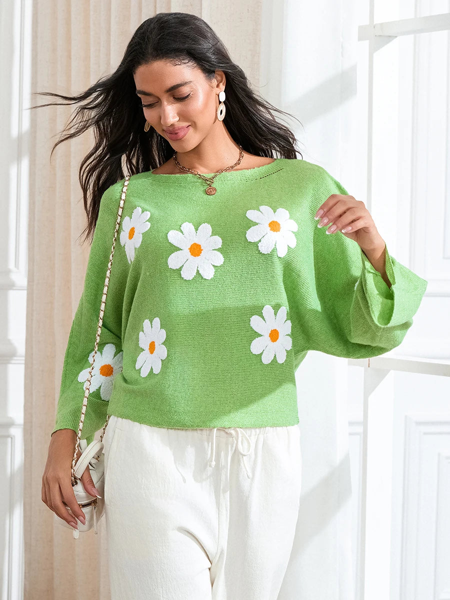 Women Loose Knit Sweater Sweet Flower Embroidered Long Sleeve Boat Neck Pullovers Spring Fall Casual Jumpers Tops