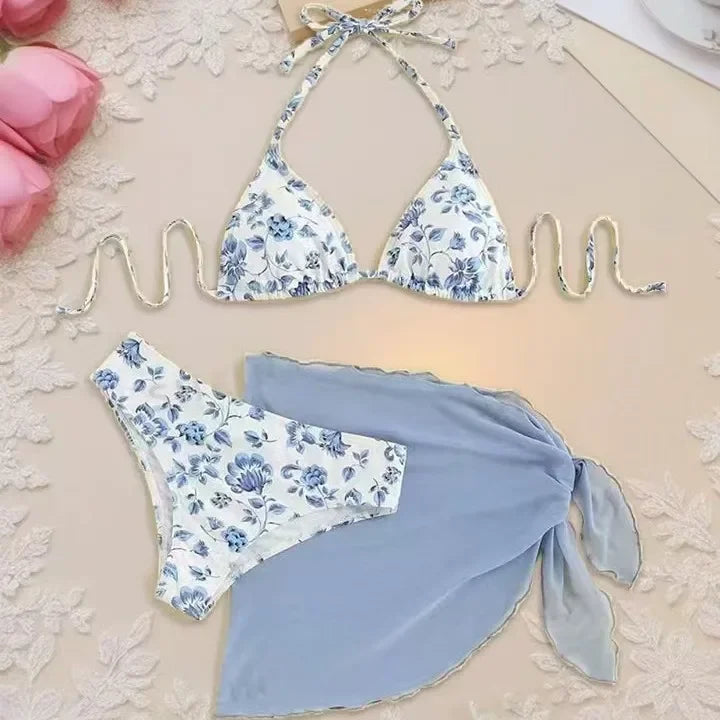 Sexy Bikini Set Three Pieces Strap Women Swimsuit Separate Design Cross-Border Lazad Flower Print Swimwear for Ladies