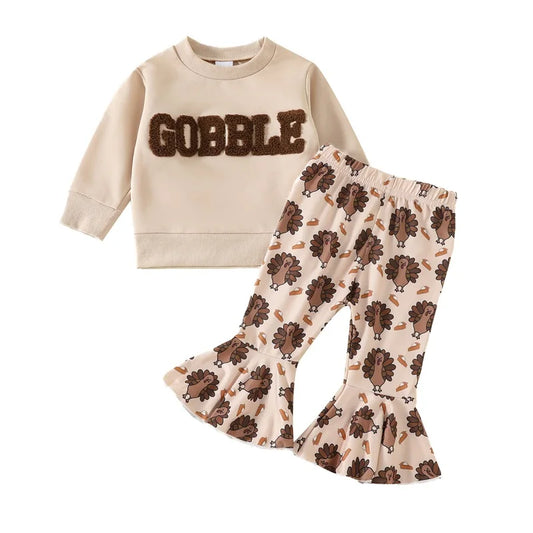 Toddler Girl Thanksgiving Outfits Letter Embroidered Crew Neck Long Sleeve Sweatshirts Turkey Print Flare Pants 2Pcs Clothes Set