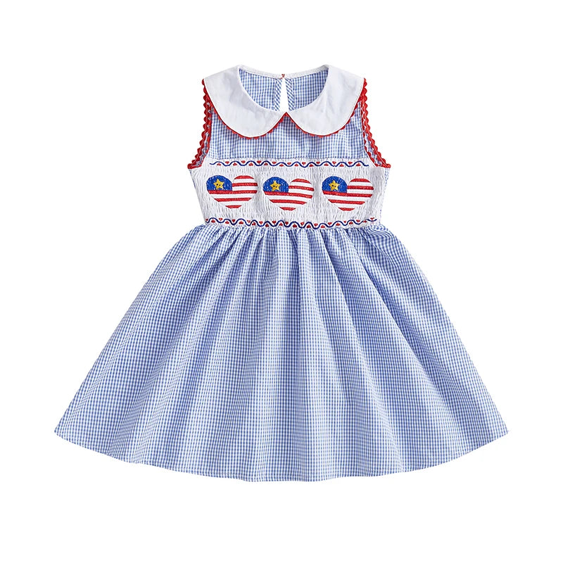 Independence Day Sleeveless Dress with Ruffle Collar and Star Embroidery for Girls Patriotic A-Line Dress Kids Summer Outfit
