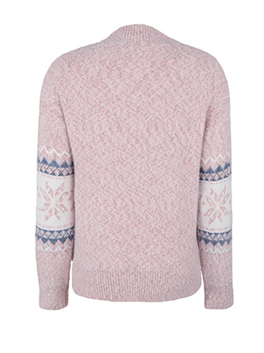 Women s Loose Christmas Sweater Cartoon Snowflake Print Long Sleeve Half High Neck Pullover Holiday Knitwear