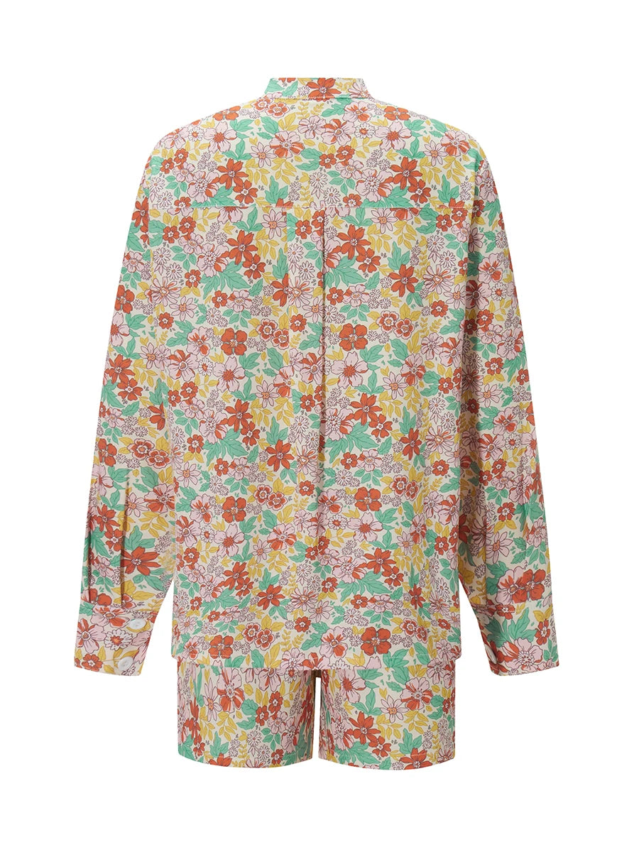 Women s 2 Piece Pajama Set Long Sleeve Button Up Floral Tops Drawstring Shorts Sleepwear Sets
