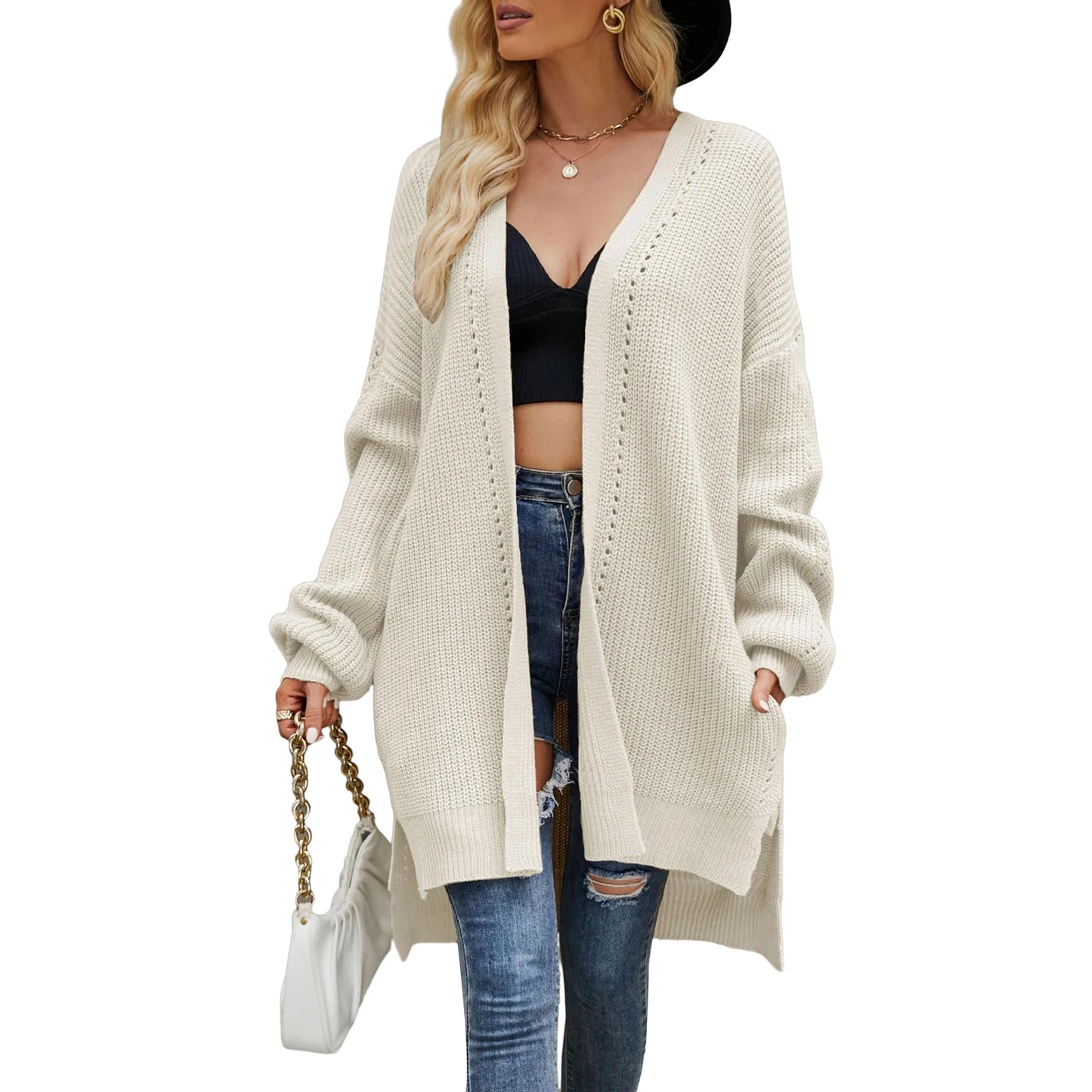 Women s Autumn Winter Knit Cardigan Long Sleeve Open Front Split Hem Knitwear Sweater