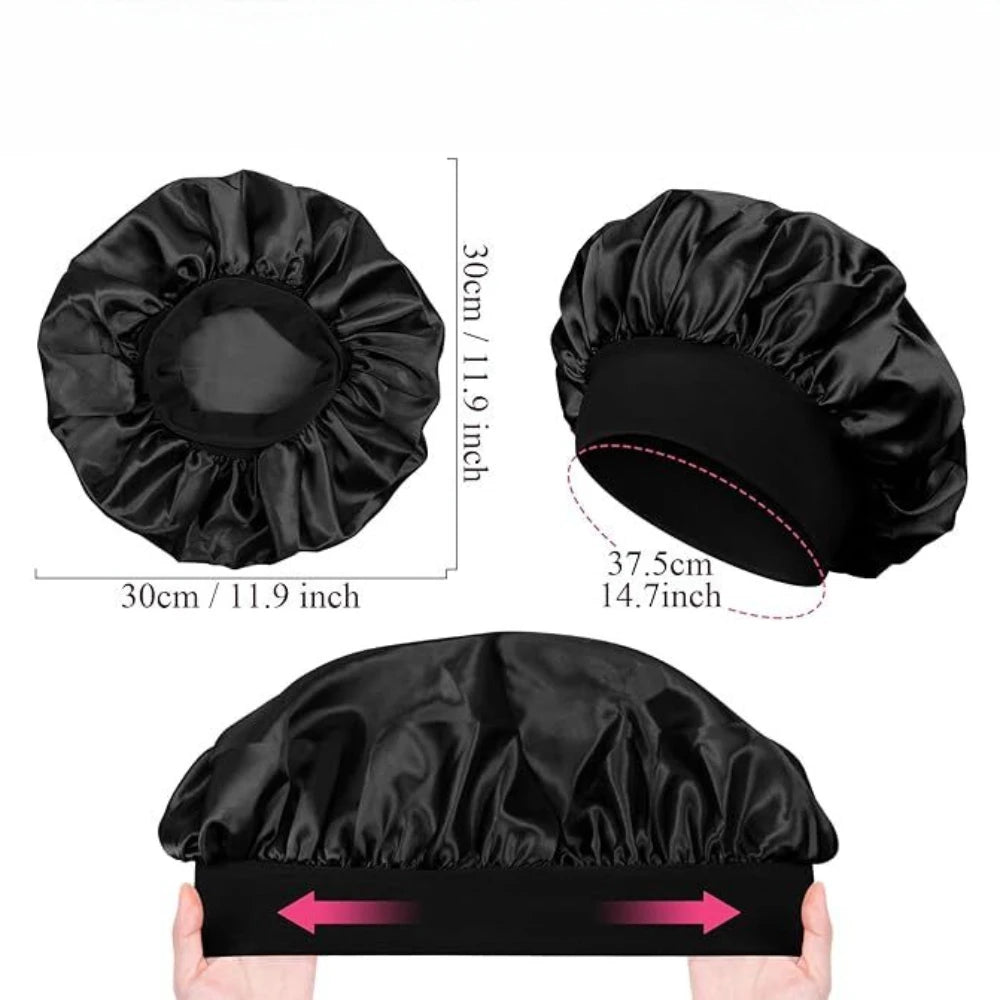 Women Satin Bonnet Night Sleep Cap Hair Hat Silk Head Cover Wide Elastic Band