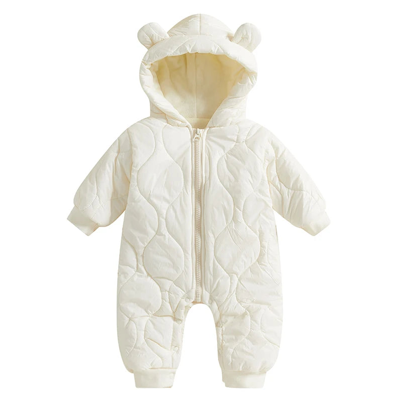 Infant Toddler Unisex Snowsuit Cozy Hooded Jumpsuit Winter Outerwear Puffer Coat with Zipper Closure and Long Sleeves