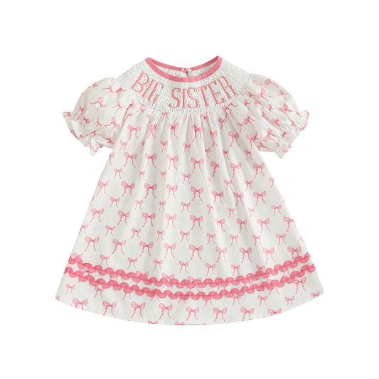 Cute Baby Girls Floral Print Ruffle Sleeve Round Neck Casual Dress Toddler Summer Dress with Bow Detail and Embroidered Letters